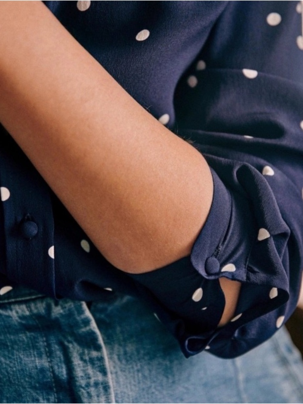 Sézane Ann Navy Polka Dot Button-Up 100% Silk French Casual Blouse - Picture 7 of 10